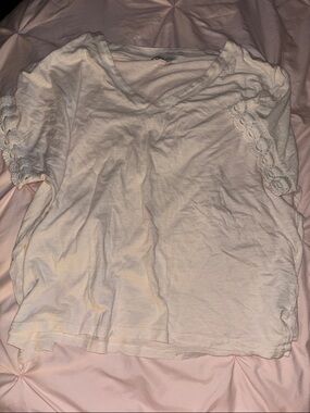 Lucky Brand White V-Neck Tee with Lace Trim Sleeves